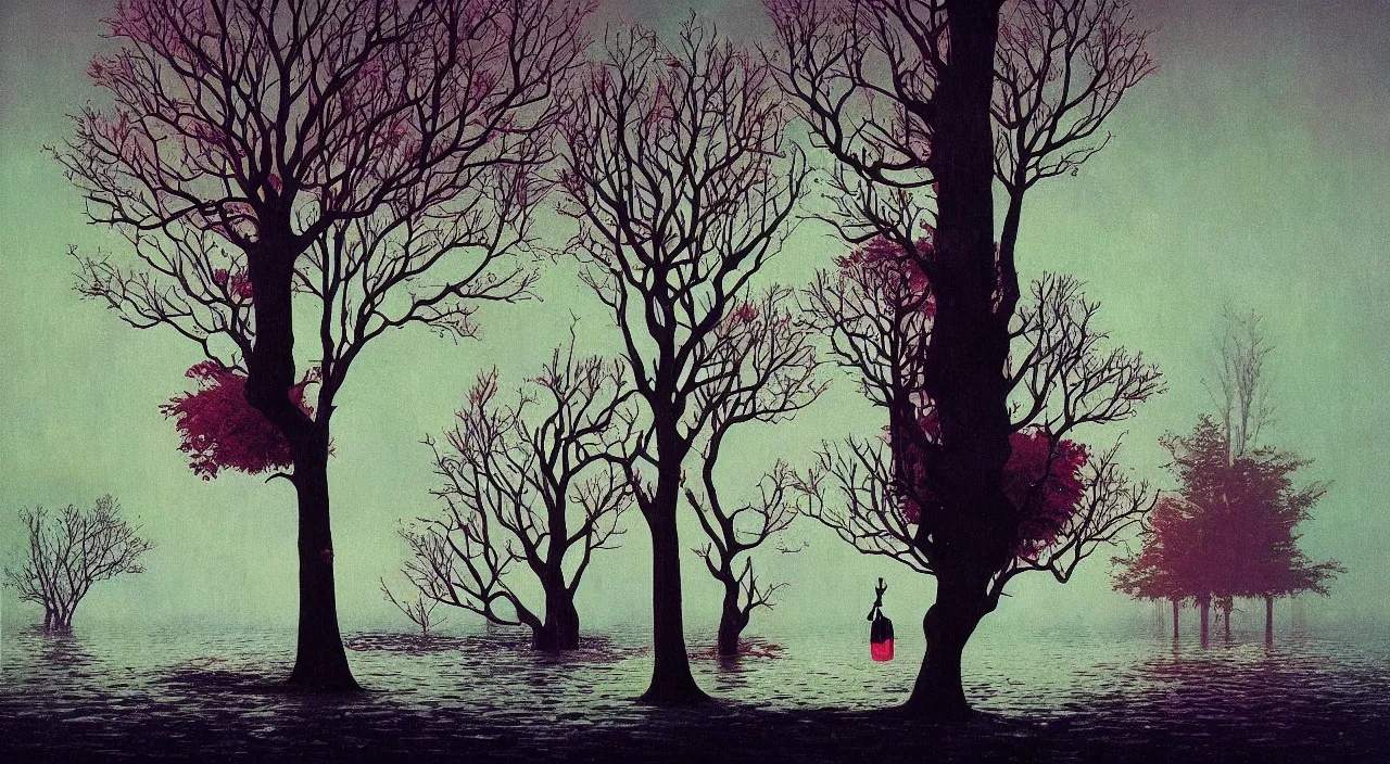 Prompt: single flooded surreal tree, very coherent and colorful high contrast!! masterpiece by rene magritte simon stalenhag carl spitzweg syd mead norman rockwell edward hopper james gilleard, minimalist, dark shadows, sunny day, hard lighting