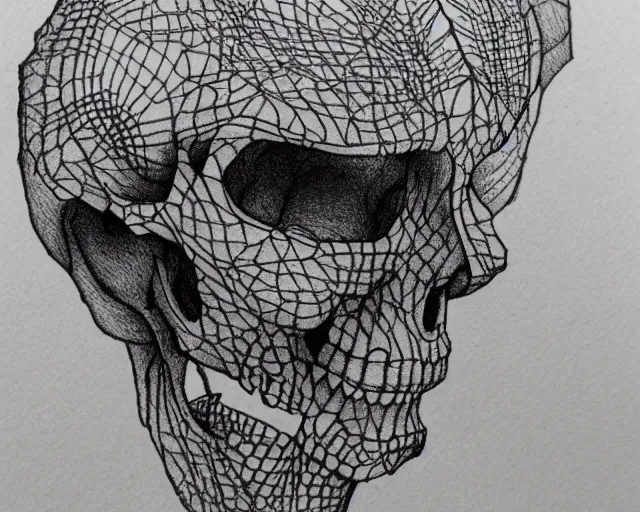 Image similar to Justin Bartlett dotwork biro pen drawing of a skeleton