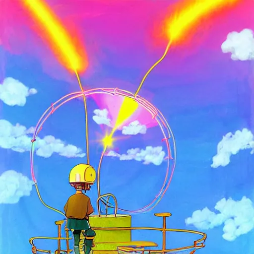 Image similar to a dream machine connected to a boy with a helmet and electric cable with colorfull rays of light illuminate the environment by vanessa morales, studio ghibli,