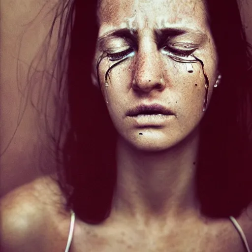 Prompt: portrait photography of women with tears in eyes by annie leibovitz, deep emotions, perfect facial symmetry, dim volumetric cinematic lighting, 8 k, post - processing, extremely hyper - detailed, intricate, epic composition, masterpiece, stunning,