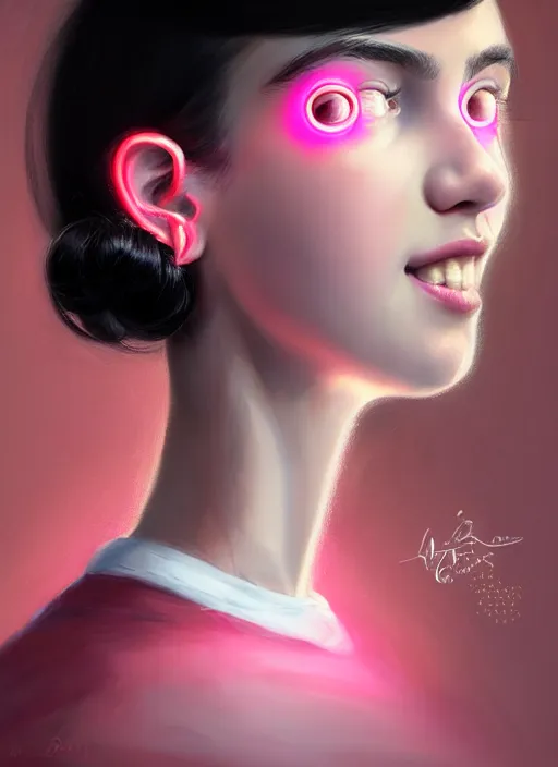 Image similar to portrait of teenage girl, realistic, black hair, bangs, half updo hairstyle, pointy nose, skinny, smile, ugly, defined jawline, big chin, pink hair bow, earrings, intricate, elegant, glowing lights, highly detailed, digital painting, artstation, sharp focus, illustration, art by wlop, mars ravelo and greg rutkowski