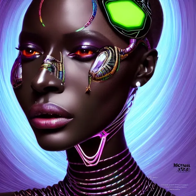 Image similar to african supermodel woman turning into an android portrait, dark surrealism, scifi, intricate, ornate, elegant, sharp eyebrows, platinum hair, highly detailed cybernetic body, neon glowing eyes, digital painting, artstation, concept art, smooth, sharp focus, illustration, art by artgerm and moebius and alphonse mucha