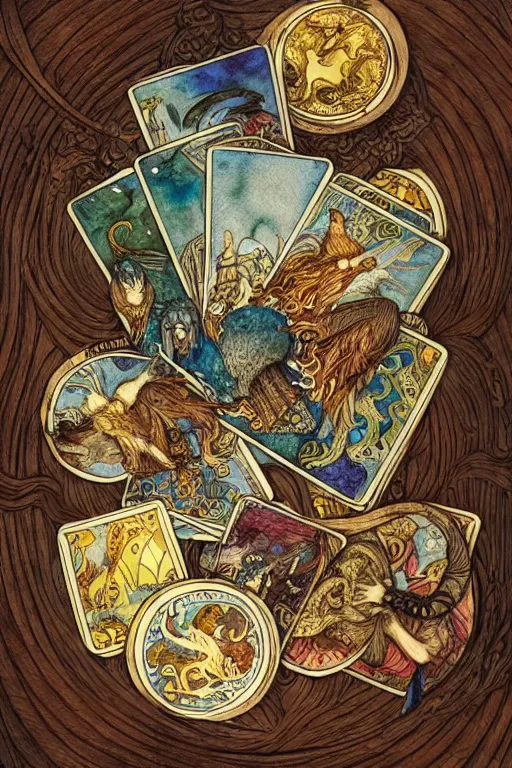 Image similar to fantasy tarot cards and coins on a wooden table seen from above, warm lighting, fantasy, intricate, elegant, highly detailed, digital painting, artstation, concept art, matte, sharp focus, illustration, art by kay nielsen and walter crane, illustration style, watercolor