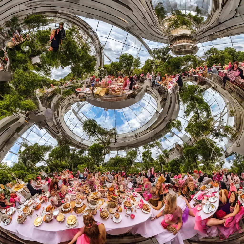 Prompt: elephant tea party, high tea, on a bridge, fulldome, 1 8 0 degree fisheye, 4 k,