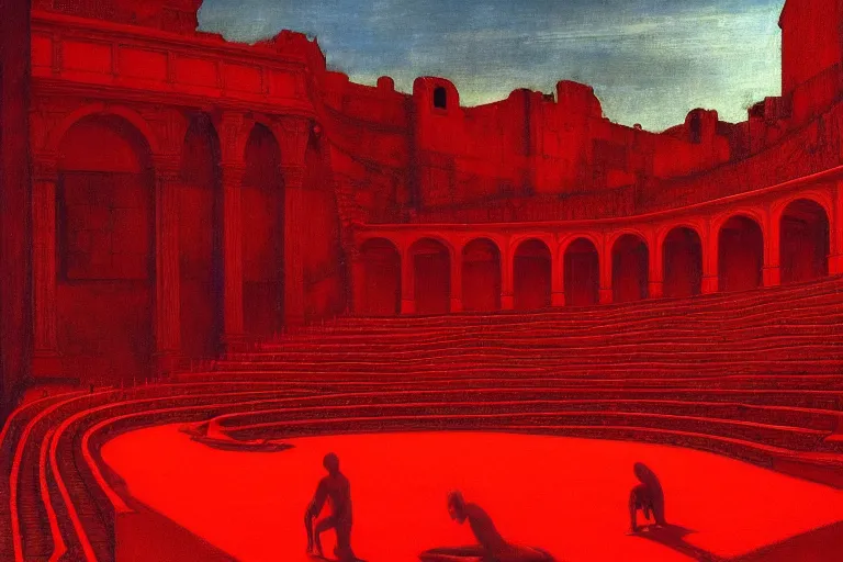 Image similar to only with red, a red melted emperor, taormina amphitheatre, crowd hails him, in the style of beksinski, parts by edward hopper, parts by rodcenko, parts by yue minjun, intricate and epic composition, red by caravaggio, insanely quality, highly detailed, masterpiece, red light, artstation, 4 k