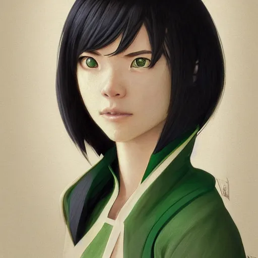 Image similar to Portrait of young Toph Beifong, blind, green dress, Avatar The Last Airbender, intricate, elegant, highly detailed, digital painting, artstation, concept art, smooth, sharp focus, illustration, art by artgerm and greg rutkowski and alphonse mucha and andrei riabovitchev