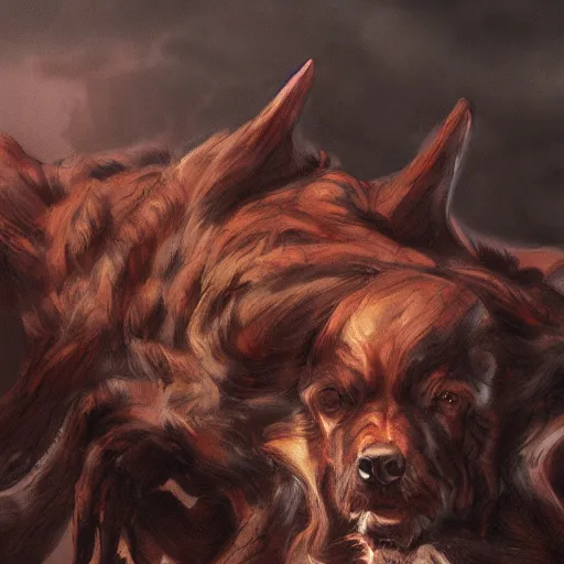 Image similar to a portrait of cerberus, gatekeeper of hell, greek mythology, hades, hyper realistic, very detailed, in the style of greg rutkowski