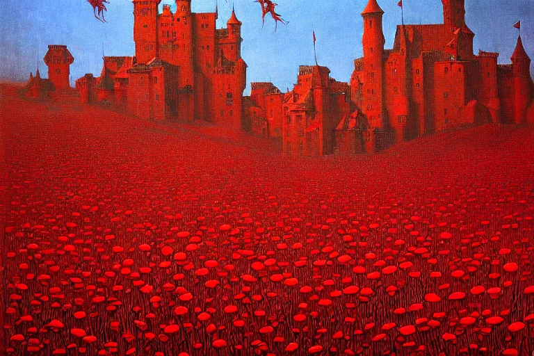 Image similar to only with red, red flowers of different types, a red tiger, a castle in the background, medieval demons dance over the flowers, an ancient path, in the style of beksinski, part by hopper, part by rodcenko, part by hofbauer, intricate composition, red by caravaggio, insanely quality, highly detailed, masterpiece, red light, artstation