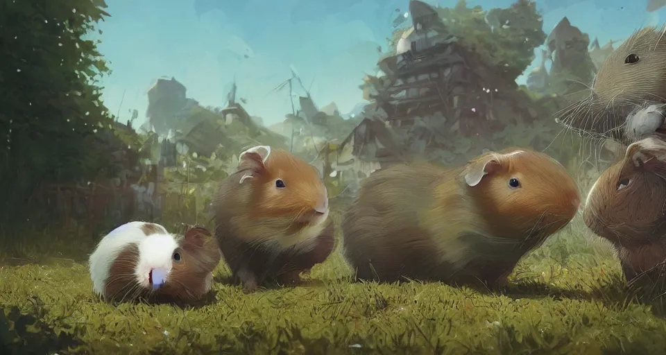 Image similar to ultra realistic cute guineapigs everywhere, by simon stalenhag, frank frazetta, greg rutkowski, beeple, yoko taro, christian macnevin, wlop and krenz cushart, epic fantasy character art, volumetric outdoor lighting, midday, high fantasy, cgsociety, cheerful colours, full length, exquisite detail, post - processing, masterpiece, cinematic