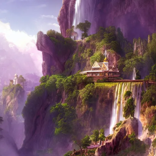 Prompt: Sacred Palace sitting on a hill, waterfall in the sky, JART and Craig Mullins and Bipp extreme closeup, German romanticism, detailed 8k rendering