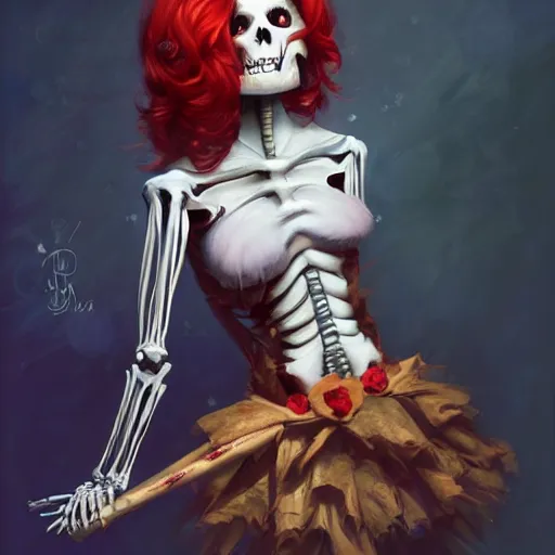 Image similar to cute & beautiful smug smiling undead skeleton girl with very attractive face and red hair dressed as a cheeleader, elegant, digital art, fullbody painting, fantasy, pixar style, painting, pin up, highly detailed, artstation, art by artgerm, vrubel, greg rutkowski, ilya kuvshinov, raymond swanland