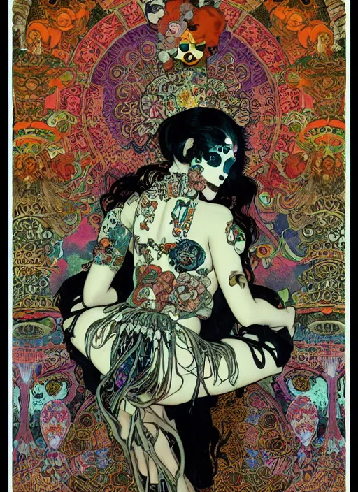 Prompt: cute punk goth fashion fractal Día de los Muertos tattooed blonde girl posing, psychedelic poster art of by Victor Moscoso Rick Griffin Alphonse Mucha Gustav Klimt Ayami Kojima Amano Charlie Bowater, masterpiece