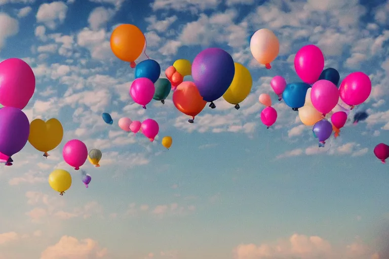 Prompt: the balloons floated away along with all my hopes and dreams. photo - realistic hd, hyperrealism, colourful, highly detailed, cinematic, luminescence, 3 2 k, dop, high contrast, intricate, mystery, epic, fantasy
