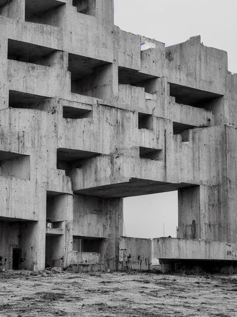 Prompt: High resolution black and white photograph with a 22mm F/12.0 lens of a Brutalist architectural building in Albania in the 1970s in the middle of a deserted nowhere while foggy and cloudy.