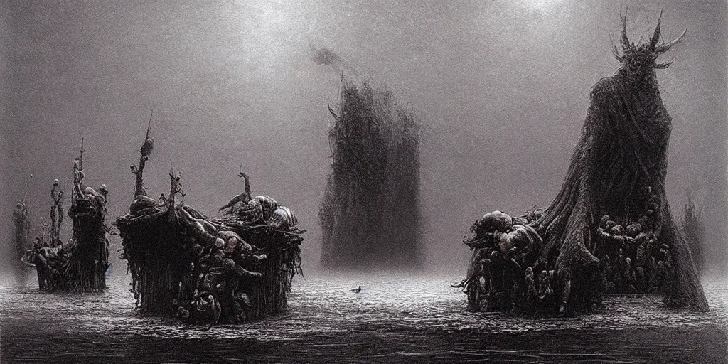 Prompt: ferrying deceased souls across the river and into the underworld by beksinski, wayne barlowe