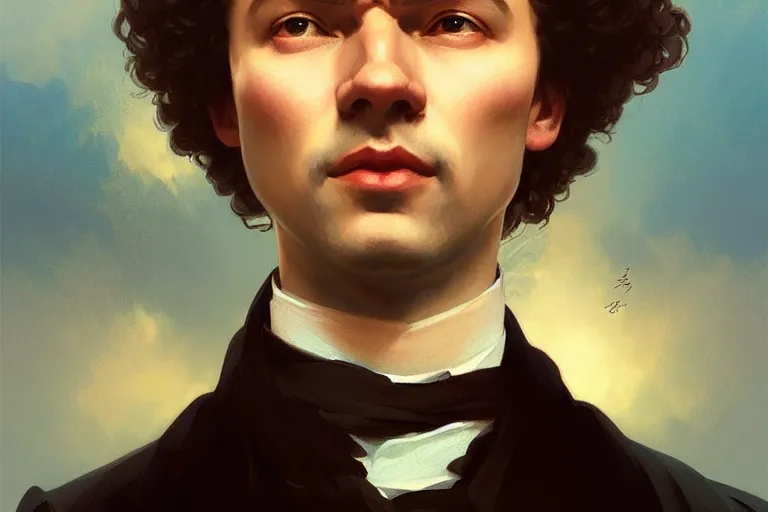 Image similar to russian poet alexander pushkin, portrait, highly detailed, digital painting, artstation, concept art, smooth, sharp focus, illustration, cinematic lighting, art by artgerm and greg rutkowski and alphonse mucha