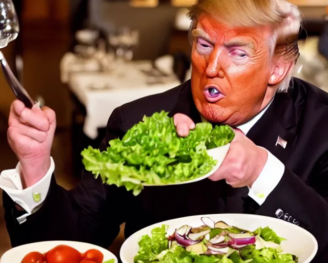 Prompt: donald trump eating a large salad at a restaurant, detailed, face close - up