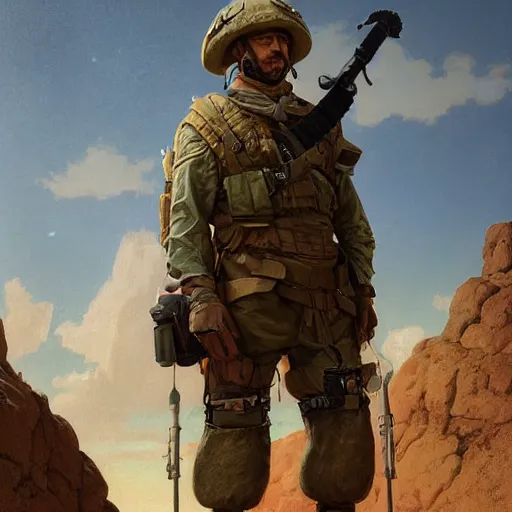 Prompt: desertpunk realism portrait face head eyes nose ears hat Corporal Marshall stands in full military regalia whilst wearing a tactical backpack anna podedworna arkhip kuindzhi raphael lacoste guillem h. pongiluppi grisaille