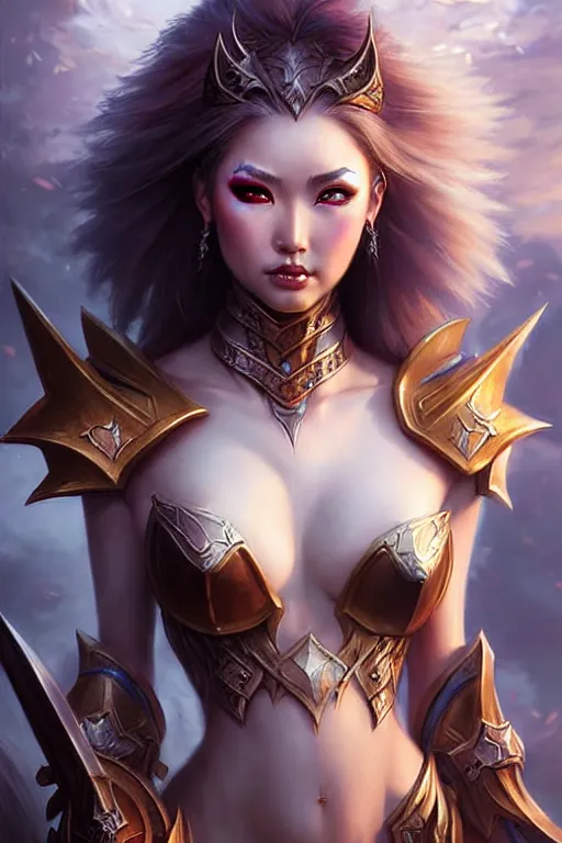 Prompt: sakimi chan, fantasy armor, detailed face, tony sart, mark arian