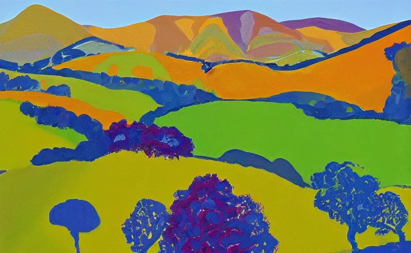 Prompt: A beautiful painting of scotland hills by David hockney