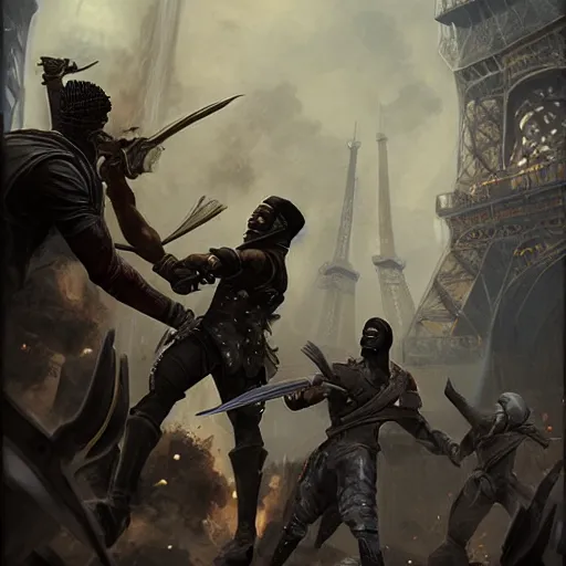 Image similar to a black male rogue fighting with guards in a fantasy paris 1700, symmetric face, hyperrealism, epic fantasy digital art, fantasy style art, by Greg Rutkowski, fantasy magic the gathering card art style