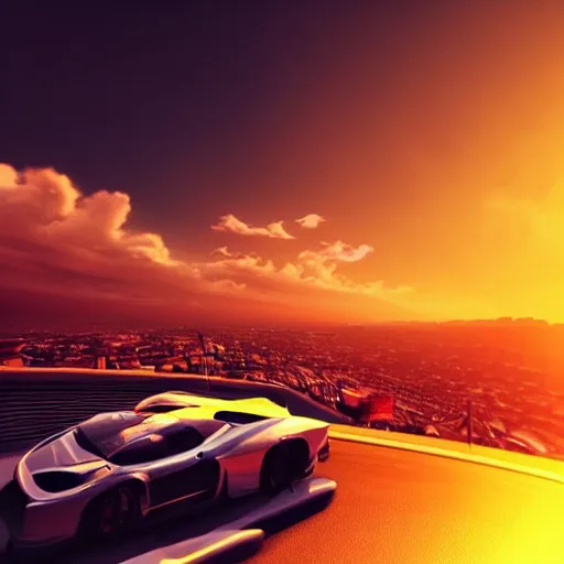 Image similar to “a beautiful car racing in the clouds during sunset above a city from a breathtaking angle, 4k, rays of light, particles light, artstation”