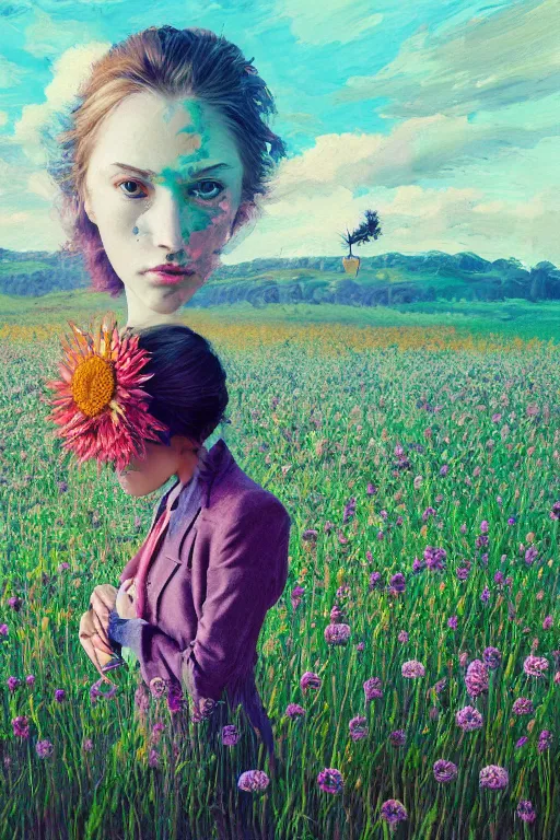 Prompt: portrait, grande thistle flower under head, a girl in a suit in field of flowers, surreal photography, sunrise, blue sky, dramatic light, impressionist painting, digital painting, artstation, simon stalenhag