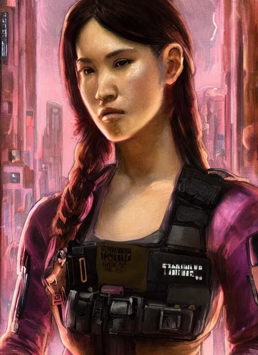 Image similar to Nikki tanaka. beautiful cyberpunk female USN marine wearing a military vest and a black and pink tactical catsuit (cyberpunk 2077, bladerunner 2049). gorgeous face. Iranian orientalist portrait by john william waterhouse and Edwin Longsden Long and Theodore Ralli and Nasreddine Dinet, oil on canvas. Cinematic, hyper realism, realistic proportions, dramatic lighting, high detail 4k