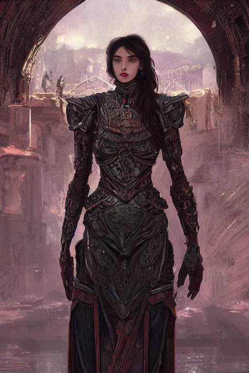 Image similar to portrait knights of Zodiac girl, metallic black and reddish reflected armor, in ruined Agora of Athens, ssci-fi, fantasy, intricate, very very beautiful, elegant, highly detailed, digital painting, artstation, concept art, smooth, sharp focus, illustration, art by tian zi and WLOP and alphonse mucha