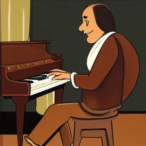 Image similar to a brown spaniel with a white chest , sat down playing a grand piano.modern. Cartoon. Artwork. no text