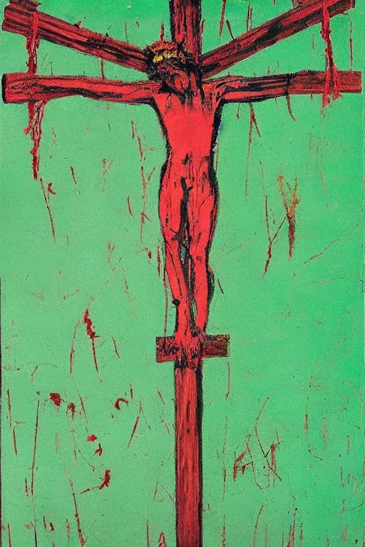 Image similar to green background with bloody christ crucified painted by cy twombly and andy warhol