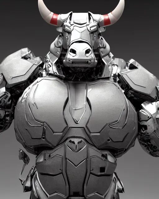 Prompt: a full body shot of an imposing cyborg ( bull ) modeled after a bull with open eyes looking into the camera, android, cyborg, full body shot, intricate, 3 d, hyper realism, symmetrical, octane render, strong bokeh, fantasy, highly detailed, depth of field, digital art, artstation, concept art, cinematic lighting, trending