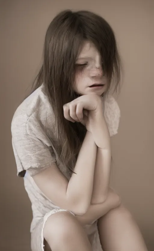 Image similar to portrait of a shy youg girl, beautiful composition, modern color palette, 50mm f1.8, ambient light,