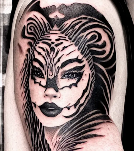 Image similar to tattoo design of a beautiful girl warrior under a tiger head, hyper realistic, realism tattoo, by eliot kohek, beautiful eyes, realistic face, black and white, white background