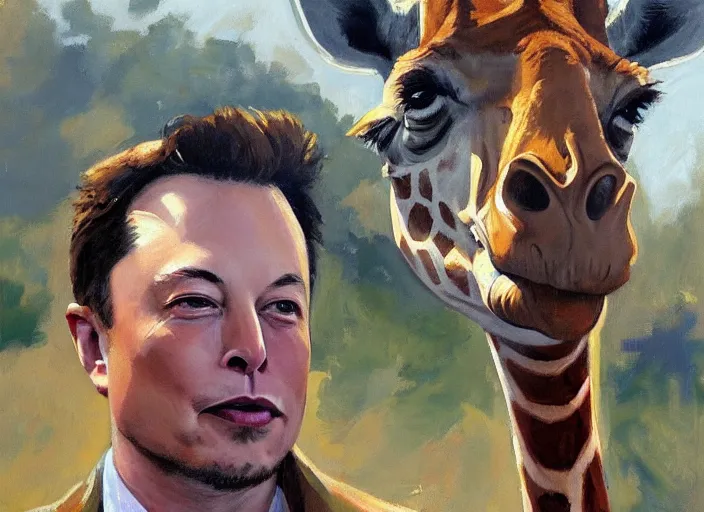 Prompt: a highly detailed beautiful portrait of elon musk with a giraffe, by gregory manchess, james gurney, james jean