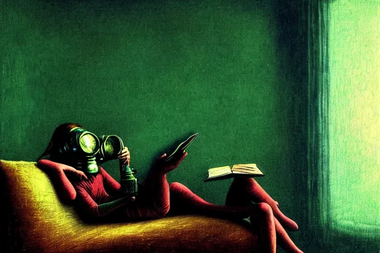 Image similar to girl with wearing a gas mask lying on the sofa reading a book in her room, in the style of beksinski, solarpunk, atmospheric, intricate and epic composition, green by caravaggio, insanely quality, highly detailed, masterpiece, blue light, artstation, 4 k