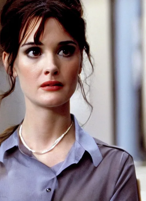 Image similar to stunning young Winona Ryder in the Wolf of Wallstreet, debut, movie screenshot