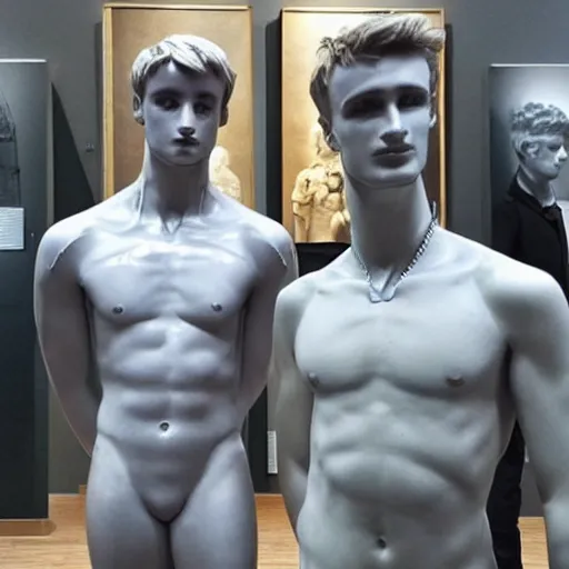 Image similar to “a realistic detailed photo of a guy who is an attractive humanoid who is half robot and half humanoid, who is a male android, British diver Jack Laugher & Chris Mears, shiny skin, posing like a statue, blank stare, at the museum, on display”