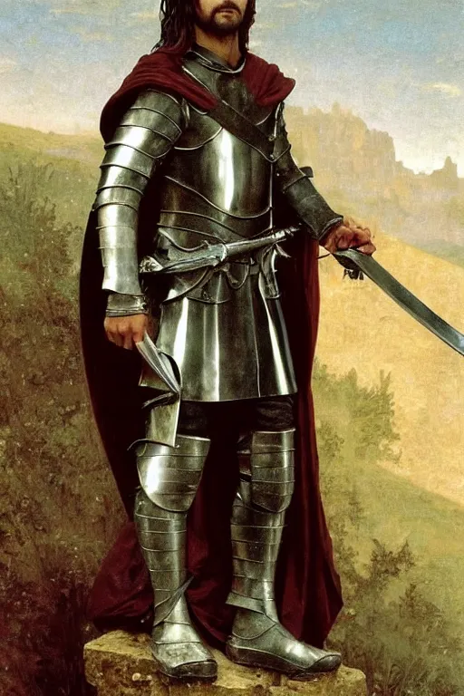 Prompt: aragorn with medieval armour, sit on throne, bouguereau