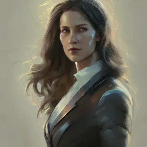 Image similar to Portrait of a woman by Greg Rutkowski, she is about 30 years old, mulato, long wavy hair, attractive and beautiful, she is wearing a futuristic lawyer outfit, highly detailed portrait, scifi, digital painting, artstation, concept art, smooth, sharp foccus ilustration, Artstation HQ