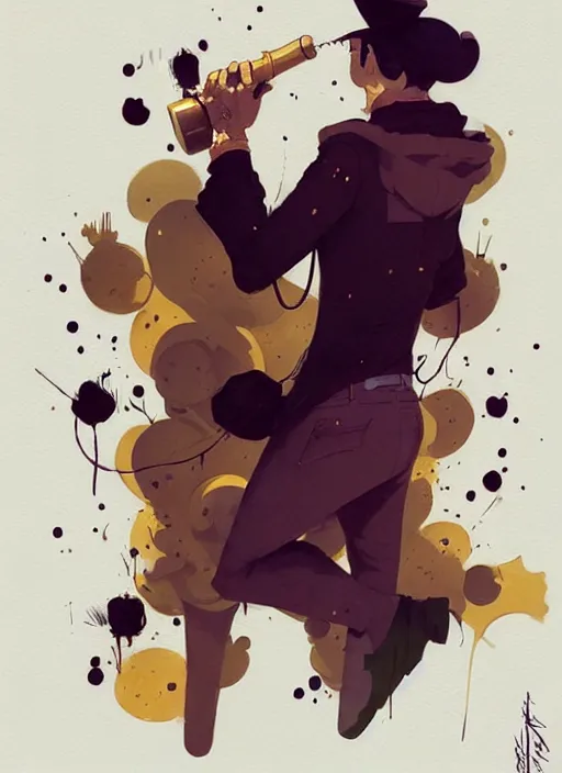 Prompt: highly detailed closeup of mayor humdinger by atey ghailan, by greg rutkowski, by greg tocchini, by james gilleard, by joe fenton, by kaethe butcher, gradient, purple,. gold, black, brown and white color scheme, grunge aesthetic!!! white graffiti tag wall background