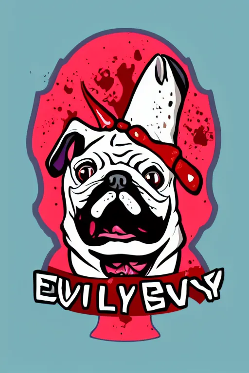 Image similar to Evil pug, sticker, blood thirsty, blood, evil, colorful, illustration, highly detailed, simple, smooth and clean vector curves, no jagged lines, vector art, smooth