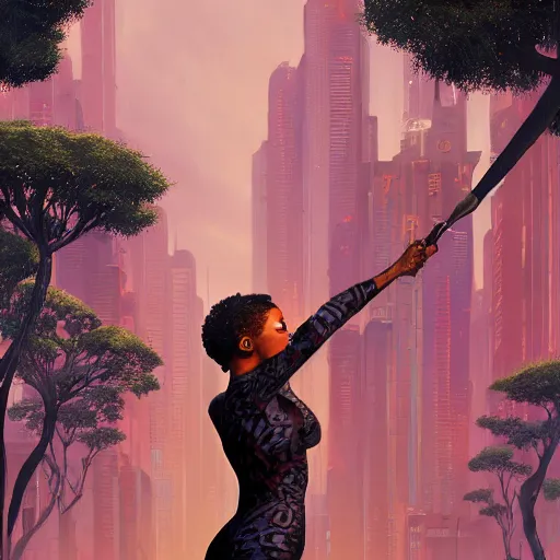 Image similar to highly detailed an african american woman in with the black panter random suit from the future gta v, stephen bliss, unreal engine, fantasy art by greg rutkowski, loish, rhads, ferdinand knab, makoto shinkai and lois van baarle, ilya kuvshinov, rossdraws, tom bagshaw, global illumination, radiant light, detailed and intricate environment