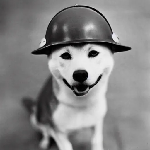Prompt: close up of a shiba inu wearing soldier helmet in the battle, ww 2 historical photography, black & white photo