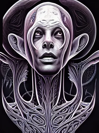 Image similar to ! dream portrait study, lord of regeneration, illustrated on black paper by nychos, artgerm, moebius, alex grey, android jones : : fractal lotus pattern : : digital painting, digital art, concept art, character design, imaginefx : : hyperrealism, dark fantasy