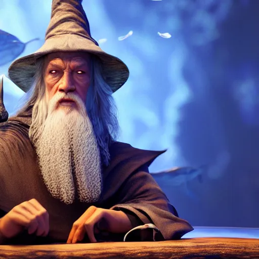 Prompt: Gandalf in an aquarium surrounded by swimming fish, unreal engine, octane render, ray tracing