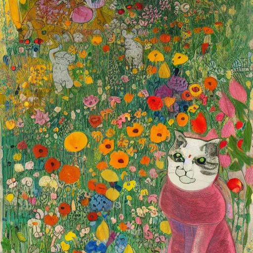 Prompt: cat playing in a garden of flowers, a mix media painting by Victo Ngai and Leonardo da Vinci and Natalia Goncharova, cluttered , child's drawing