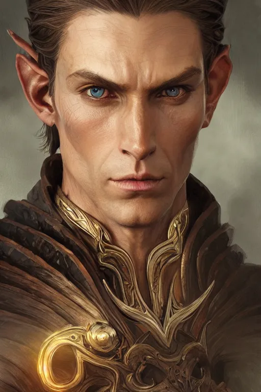 Image similar to up close portrait of a male wood elf, d & d, face, fantasy, intricate, elegant, highly detailed, digital painting, artstation, concept art, smooth, sharp focus, illustration, art by artgerm and greg rutkowski and alphonse mucha