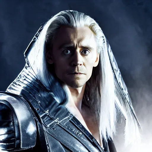 Prompt: Tom Hiddleston as Sephiroth, still from blockbuster movie, epic lighting, 4k, light film grain