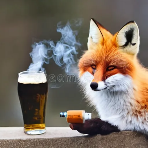 Image similar to a polygamous fox with a hat drinking beer and smoking e - cigarette, stock photo